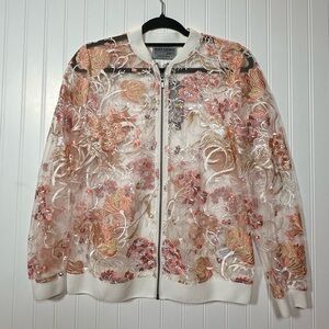 RUFF HEWN Cream and Pink Floral Embroidered Bomber Jacket size small